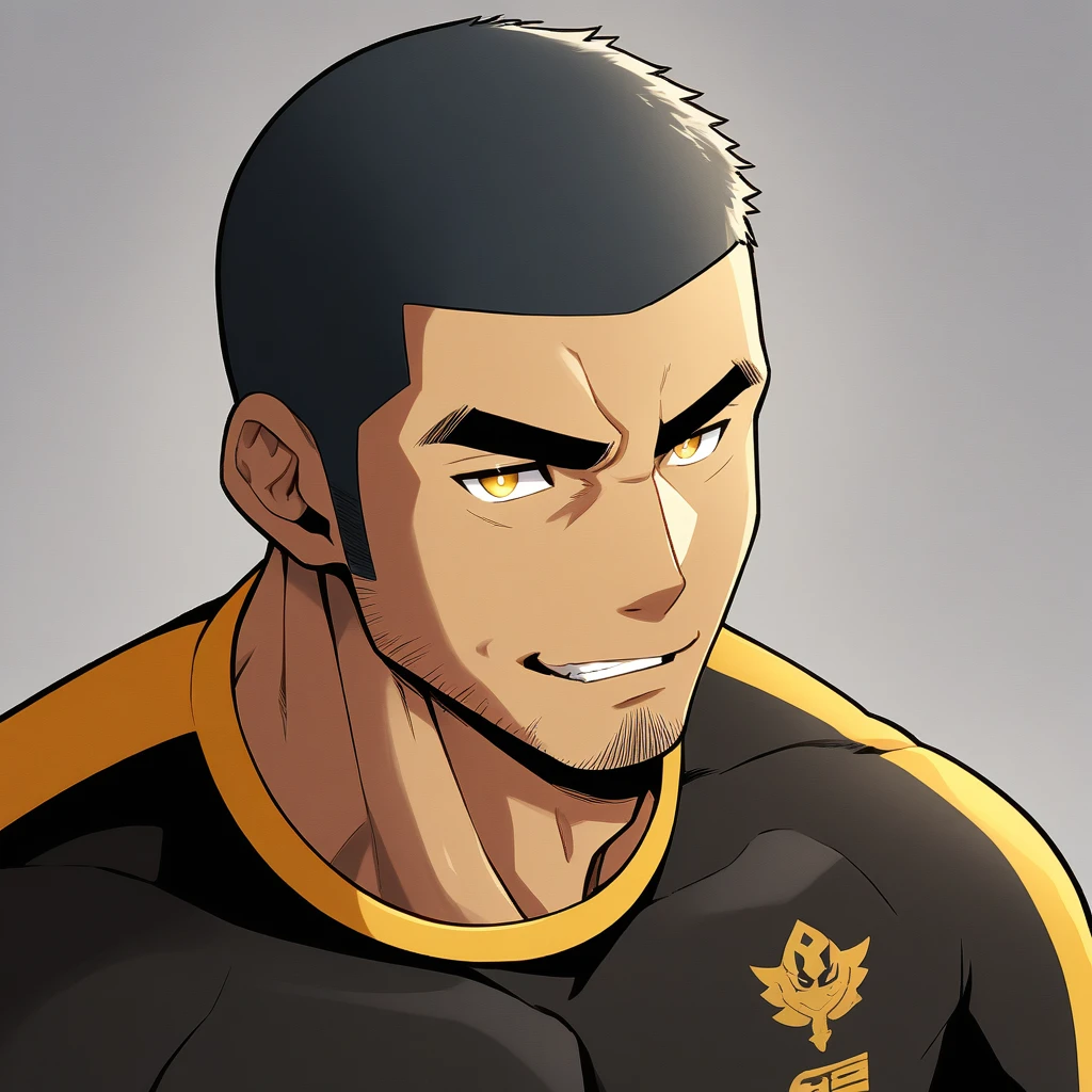 anime characters：Gyee, Young Muscle Sports Teacher, ????? black skin, Buzz Cut, Manliness, male focus, Dark yellow long sleeve tight T-shirt, Slightly transparent texture, Very tight, Slightly transparent, muscular male, muscular, only, Upper body, alone, Black short hair, Thick eyebrows, stubble, Yellow eyes, Grey background, simple background, amazing quality, best aesthetics, Ridiculous, bright pupils, crew cut, parted lips, seductive smile, torogao, naughty face, best quality