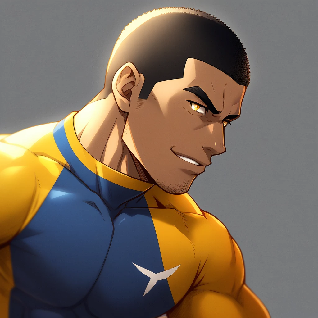 anime characters：Gyee, Young Muscle Sports Teacher, negro black skin, Buzz Cut, Manliness, male focus, Dark yellow long sleeve tight T-shirt, Slightly transparent texture, Very tight, Slightly transparent, muscular male, muscular, only, Upper body, alone, Black short hair, Thick eyebrows, stubble, Yellow eyes, Grey background, simple background, amazing quality, best aesthetics, Ridiculous, bright pupils, crew cut, parted lips, seductive smile, torogao, naughty face, best quality