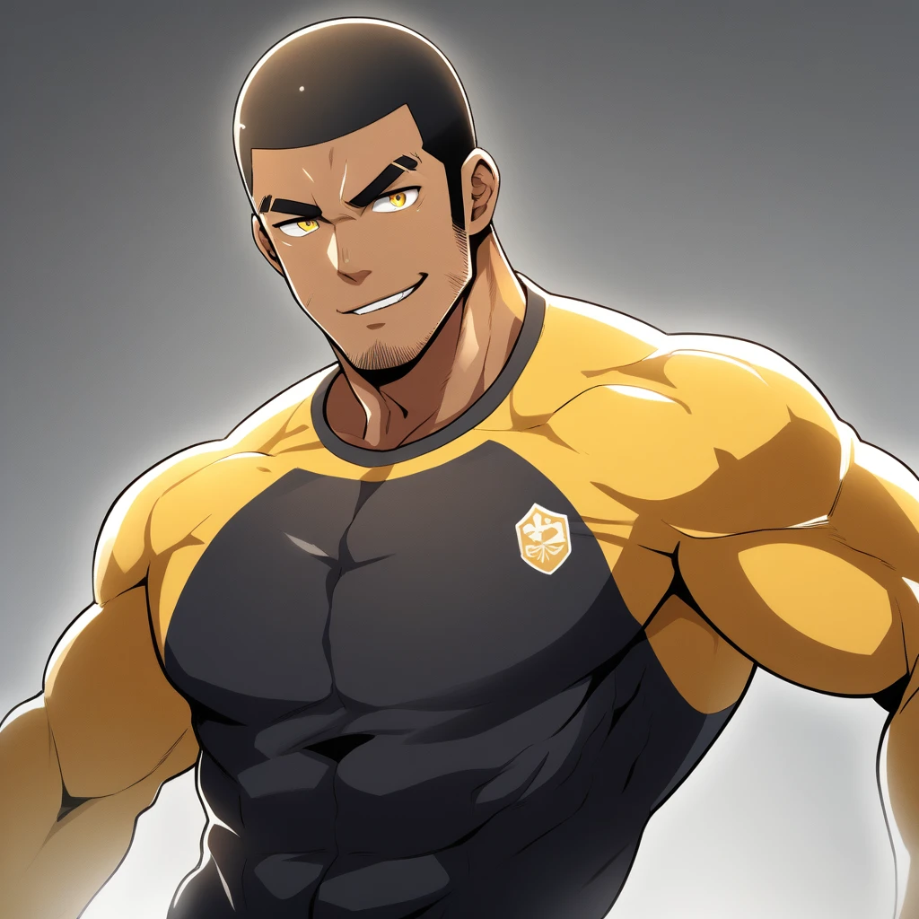 anime characters：Gyee, Young Muscle Sports Teacher, negro black skin, Buzz Cut, Manliness, male focus, Dark yellow long sleeve tight T-shirt, Slightly transparent texture, Very tight, Slightly transparent, muscular male, muscular, only, Upper body, alone, Black short hair, Thick eyebrows, stubble, Yellow eyes, Grey background, simple background, amazing quality, best aesthetics, Ridiculous, bright pupils, crew cut, parted lips, seductive smile, torogao, naughty face, best quality