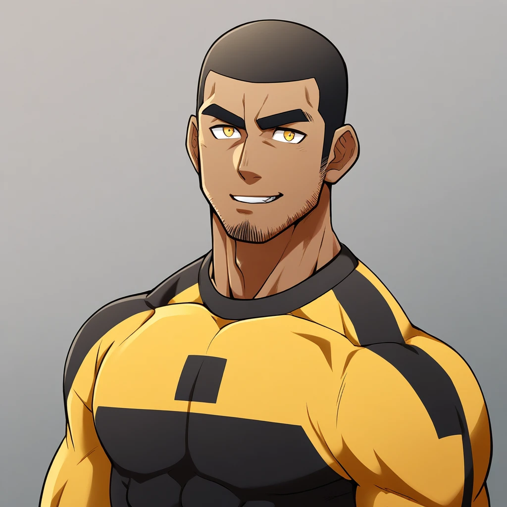anime characters：Gyee, Young Muscle Sports Teacher, ????? black skin, Buzz Cut, Manliness, male focus, Dark yellow long sleeve tight T-shirt, Slightly transparent texture, Very tight, Slightly transparent, muscular male, muscular, only, Upper body, alone, Black short hair, Thick eyebrows, stubble, Yellow eyes, Grey background, simple background, amazing quality, best aesthetics, Ridiculous, bright pupils, crew cut, parted lips, seductive smile, torogao, naughty face, best quality