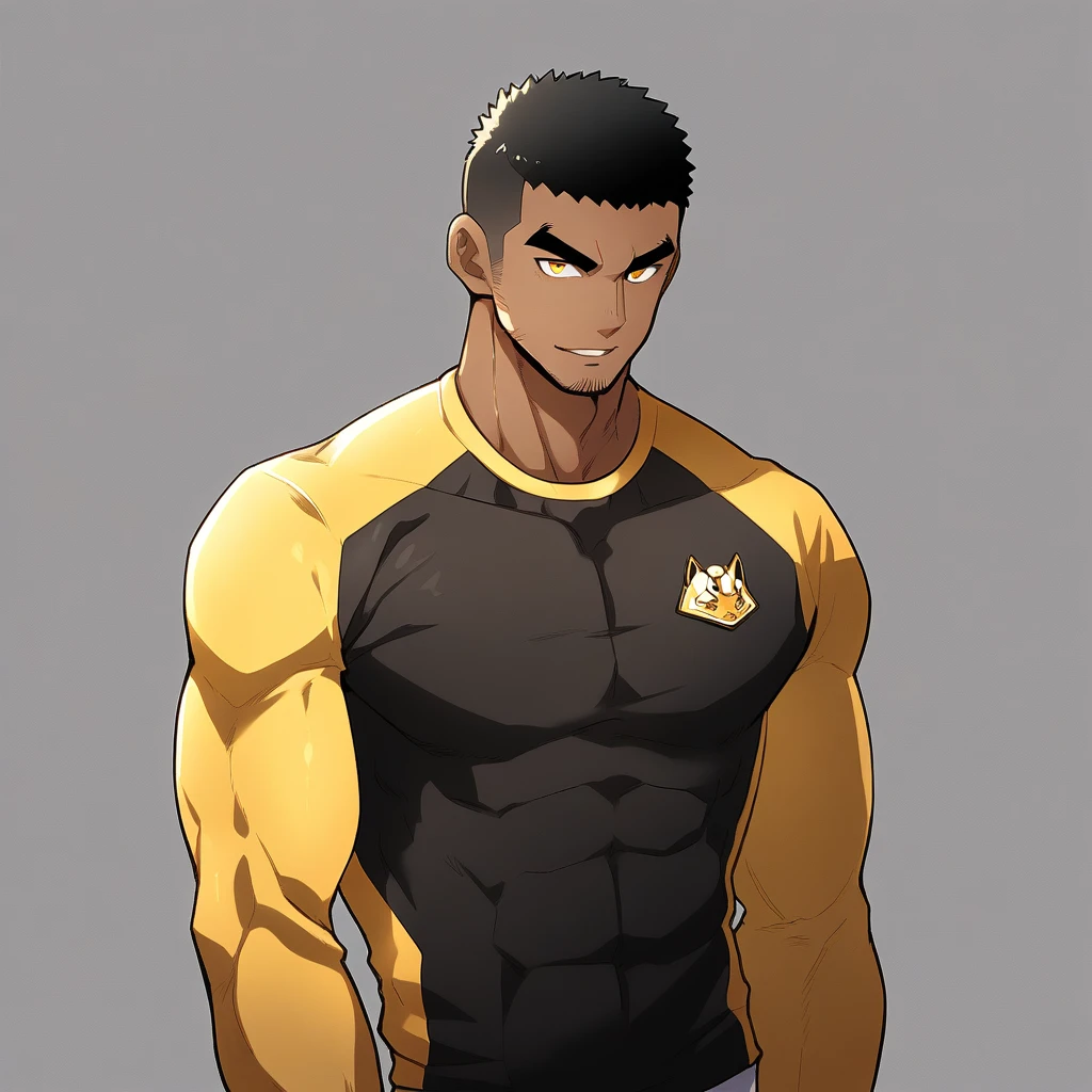 anime characters:Gyee, Young Muscle Sports Teacher, negro black skin, Buzz Cut, Manliness, male focus, Dark yellow long sleeve tight T-shirt, Slightly transparent texture, Very tight, Slightly transparent, muscular male, muscular, only, Upper body, alone, Black short hair, Thick eyebrows, stubble, Yellow eyes, Grey background, simple background, amazing quality, best aesthetics, Ridiculous, bright pupils, crew cut, parted lips, seductive smile, torogao, naughty face, best quality