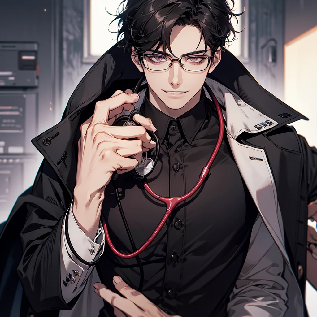 Mental hospital, male, doctor, black hair, red eyes, bandages, blood stains, medicine