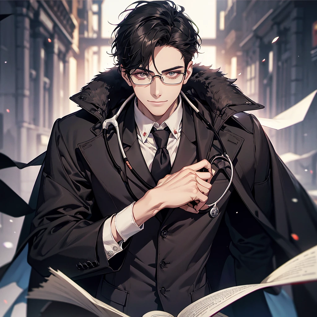 1 boy,Handsome face, Perfect Male Body,Looking at the camera, Psychiatric doctor with blood on his face, (Wicked Smile,doctor, Black coat, notebook in hand,Stethoscope, Glasses)ward,Dim Light,Dark Room,masterpiece,Half Body, Portraiture,Ray Tracing, Look at the details, Fine grain, The eyes are detailed,Black Hair,Wolf Cut