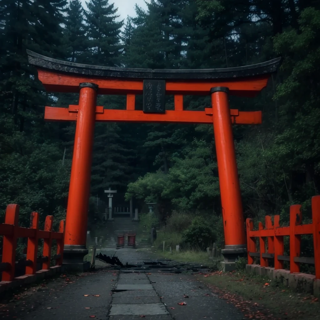 A creepy horror video of a broken vermilion torii gate, countless broken gravestones, and a dark, smelly atmosphere.