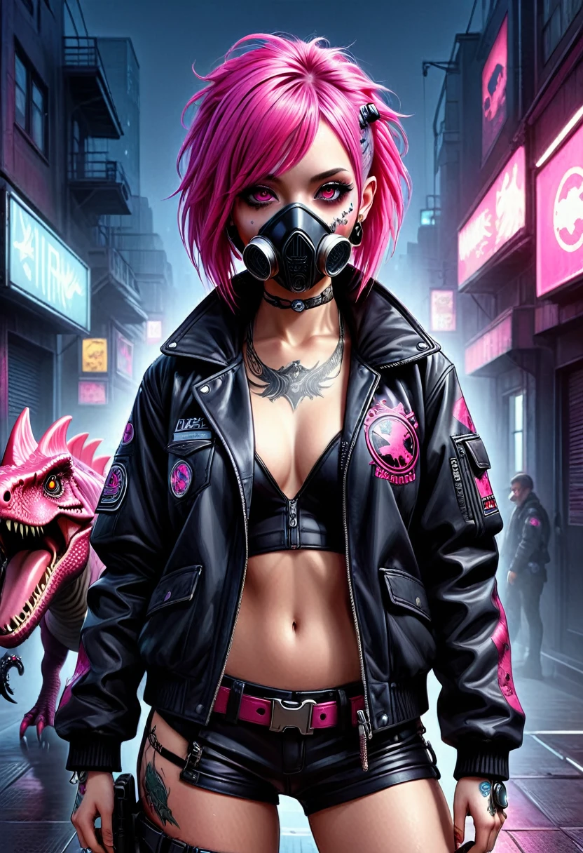 Cybergoth street fashion Full body portrait in a hyper-realistic horror anime style, Full body, woman with exaggerated features, adorned with Cyberpunk accessories, Emblem sign  Pink Dinosaur on jacket, stands with an aggressive defiance, grimace etched on her face, adorned with gritty Pink Dinosaur tattoos, A flag depicting a pink Dinosaur, large eyepieces, imposing gas mask, holster present, bathed in cascading Richard Phillips-inspired dramatic lighting, digital painting accentuating warm tones, meticulously detailed face in clear focus, ultra-realistic precise anatomy with a detailed clear focus on her beautiful face, high contrast, cinematic. High Resolution, High Quality , Masterpiece