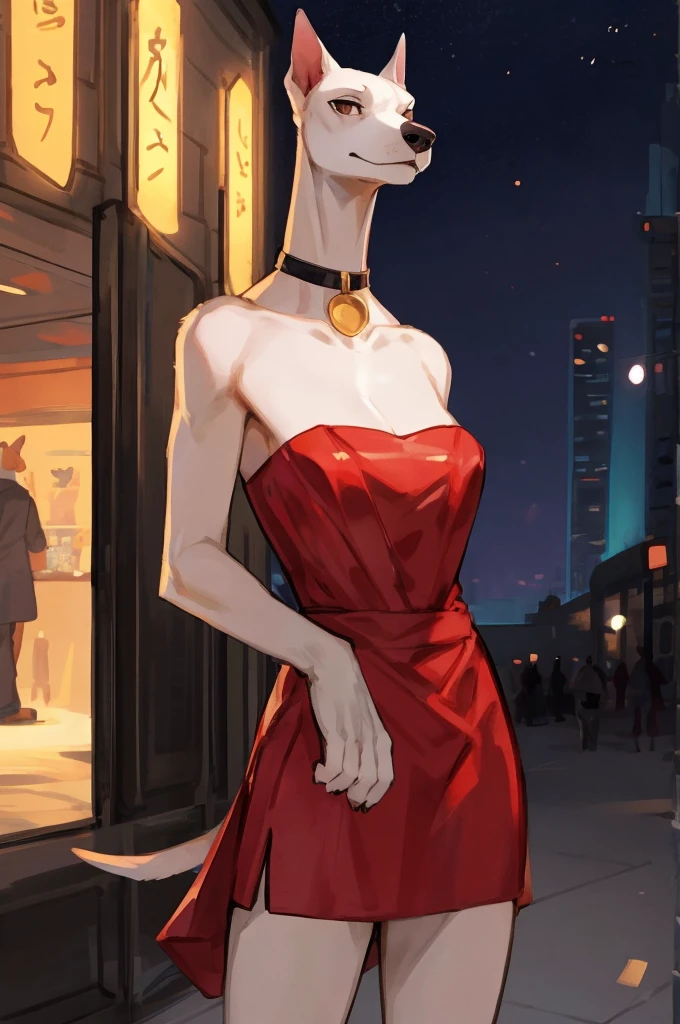 ((Best quality, masterpiece, detailed anatomy, detailed eyes, detailed hands, perfect lighting, perfect shading.)), by Bebebebebe, by K0bit0wani, by Zackary911, 1Female, Pitbull, white furs, dark brown eyes, skinny body, adult body, strapless red dress, golden neckline, In front of the night club entrance