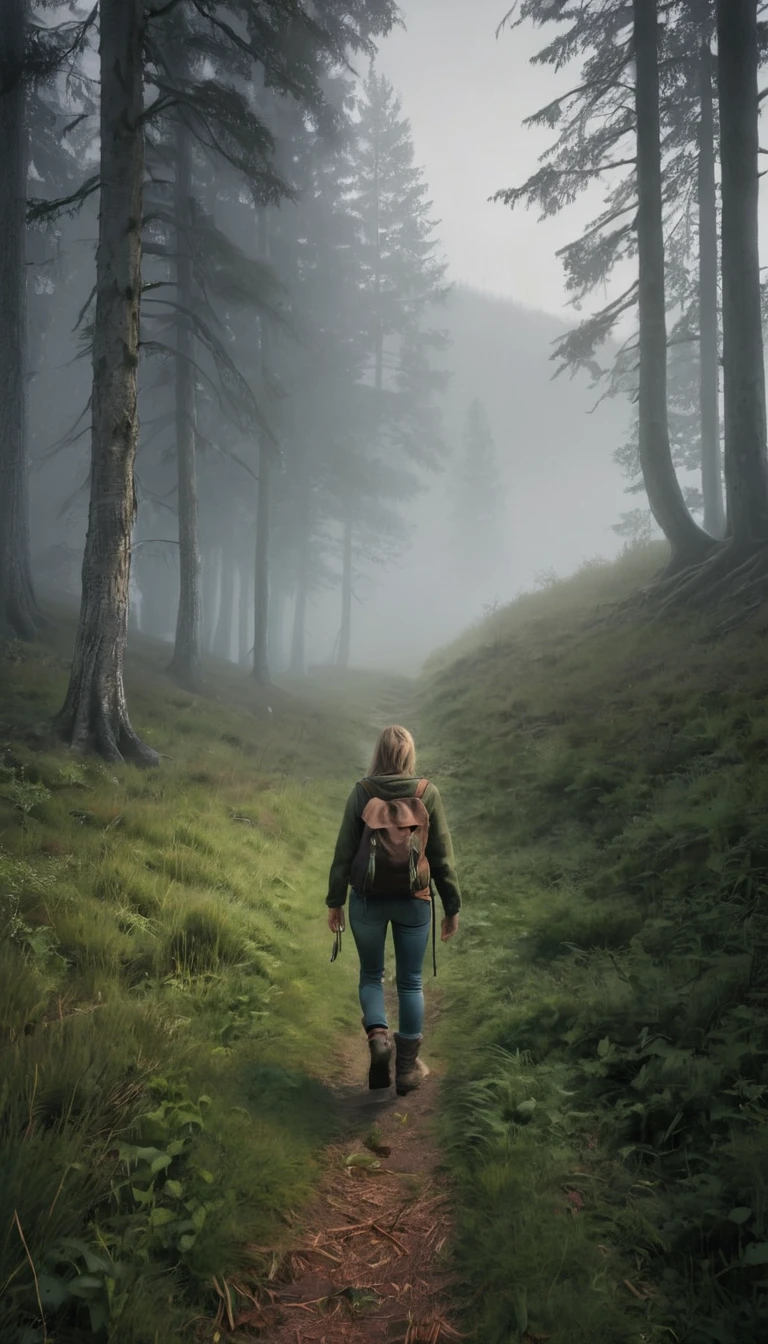 1 personJourney、Quiet place、fog、Mountain、Grass、forest、wood、dark、Lonely、Journey、countryside、Fresh、wander、生い茂るGrasswood、Walking back view、1 person、detailed、distinct、high quality、high resolution、