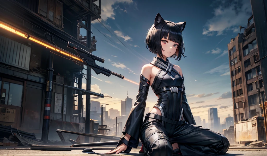 Black short-haired girl with doll head and flat chest,Black panther ears,Black Panther Tail,Short-sleeved Kimono Top,Bare arms,Hand guard,long pants,ruined city