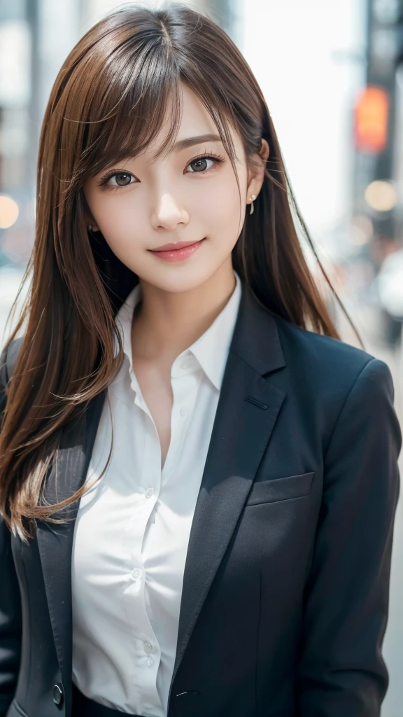 table top、highest quality、genuine、Super detailed、finely、catchlight,High resolution、8k wallpaper、one beautiful woman、、、light brown disheveled hair、wearing a business suit、sharp focus、perfect dynamic composition、beautiful and detailed eyes、thin hair、Detailed genuine skin texture、smile、model body shape、In Tokyo at morning、