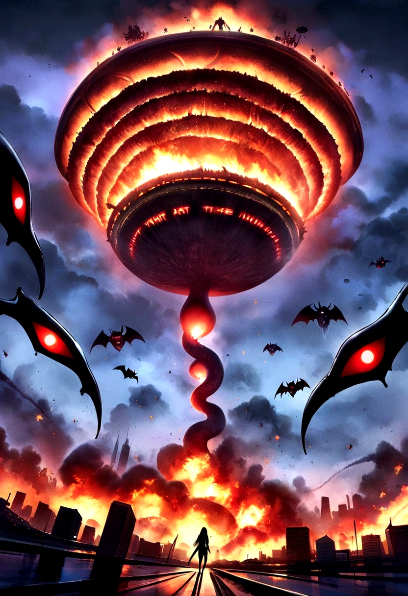 Reese_Witherspoon, Movie posters, posters ((text at the top that says "invasion",text at the bottom that says "Reese Witherspoon")) in bold red letters, trunk, spider woman clothes, Super heroi, at night, fullmoon, Bat Man, black Widow, green lantern, insanitya, random madness, aliens, invasion alienígena, flying brains with tentacles, Tornado, newyork,explosions, fire, atmospheric pollution, destroyed city, (giant alien mothership, caças espaciais aliens atacando a cidade)