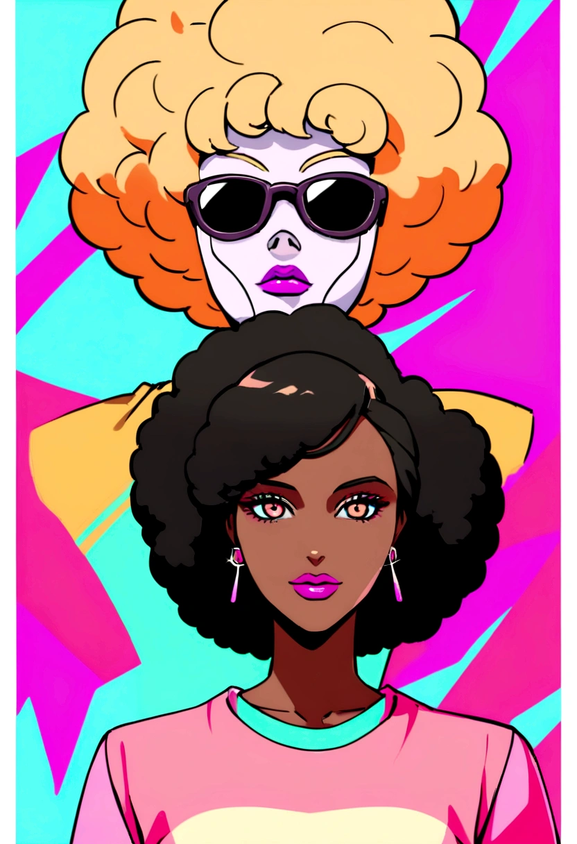 portrait vintage de face mannequin femme noir avec coiffure afro, t-shirt jaune, sur le thème Miami vice