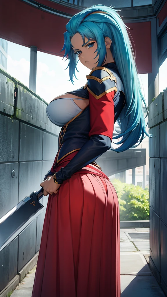 Highly detailed, a 22 yo's woman, Bangs pinned back hairstyle, vivid-cerulean BLUE hair, Carmine red eyes, busty, big And round buson, gorgeous plump body, face scar, cyan sattela's clothes, cyan sattela's Long skirt, Holding a weapon, dinamic pose, action position, angry face