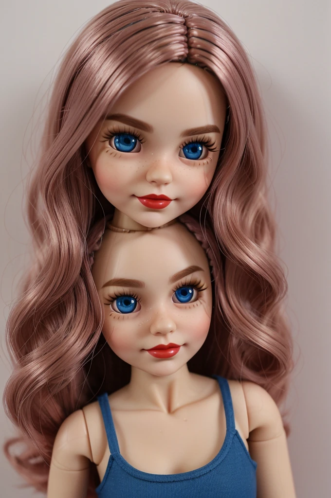 Blythe doll Has blue eye shadows, rosy cheeks and bright red lips. Her hair is dark and she is wearing a light-colored tank top.. The expression on his face is relaxed and friendly., with a slight smile. The lighting highlights her features and makeup, giving it a bright and prominent appearance.