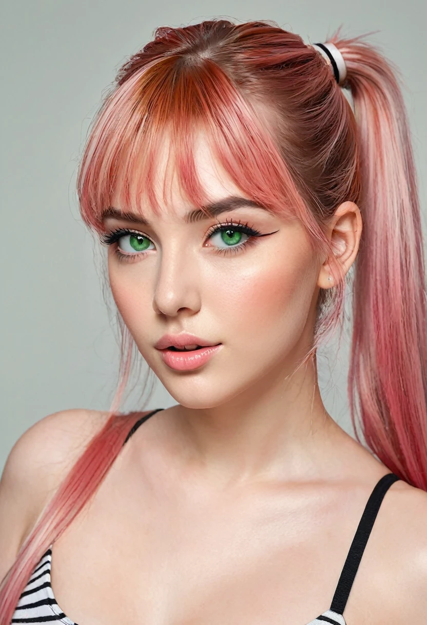 Portrait, photorealistic, realistic, girl, green eyes, clear skin, soft makeup, (very long streaked green/pink hair), bangs, ponytail, realistic soft skin, tight body,