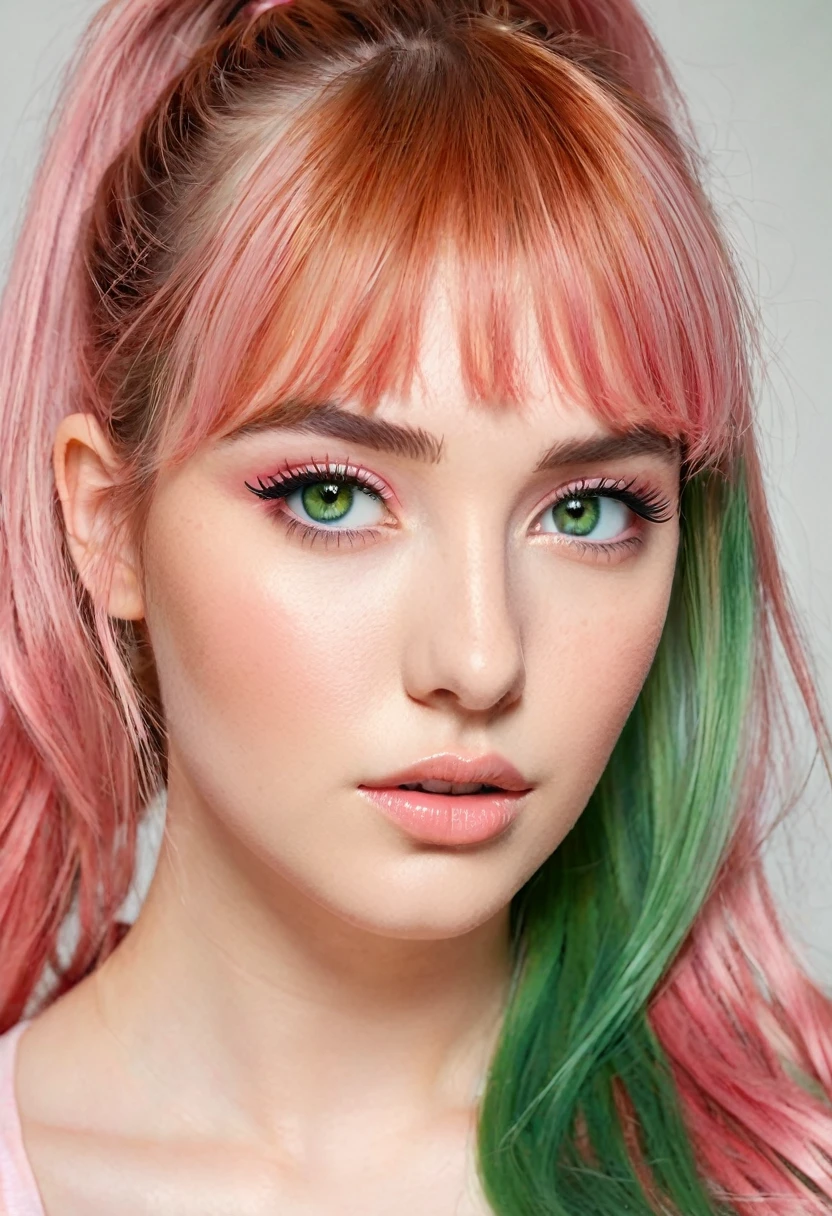 Portrait, photorealistic, realistic, girl, green eyes, clear skin, soft makeup, (very long streaked green/pink hair), bangs, ponytail, realistic soft skin, tight body,