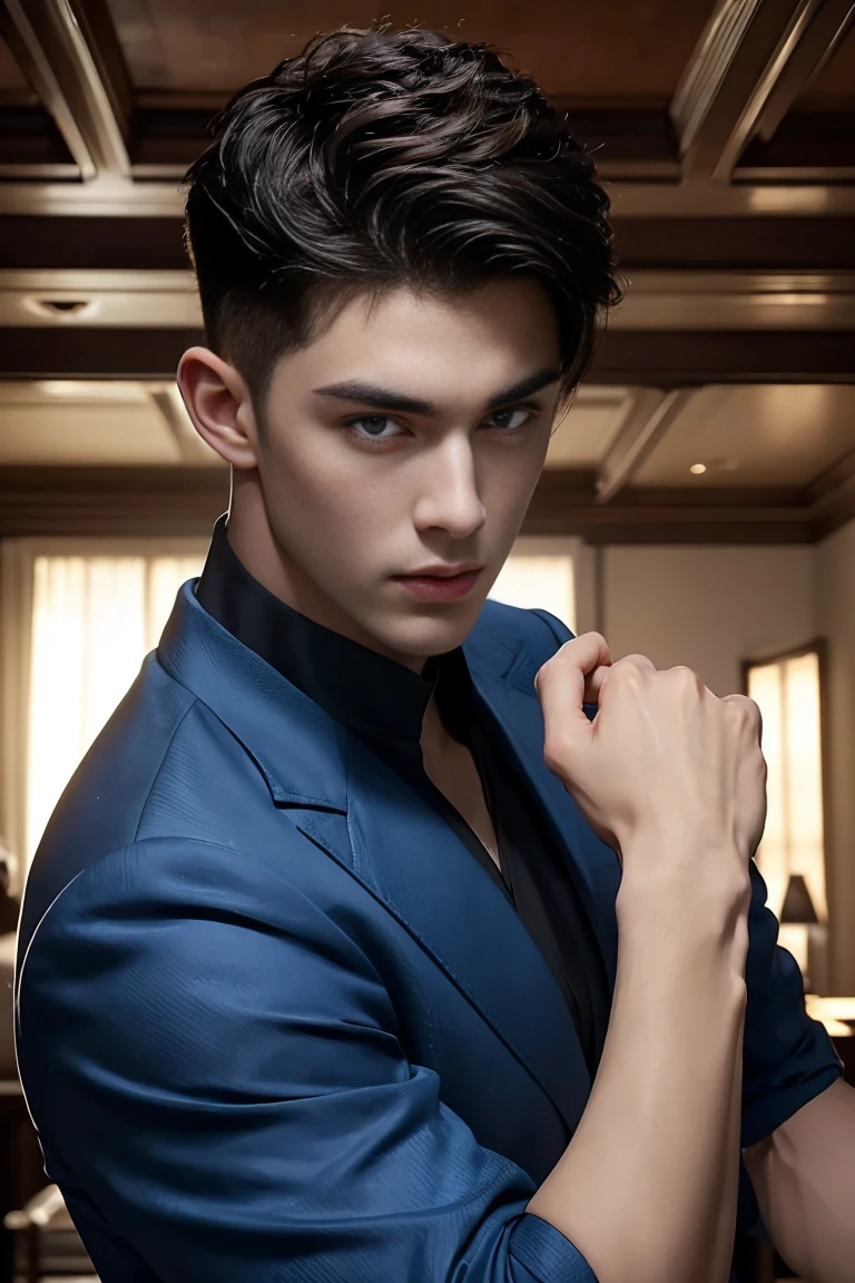 Ultra wide angle,((masterpiece)),((best quality)),8K,High Detail,Very detailed, (2 handsome muscular boys),Very manly,blue eyes,Stylish short hair,Vivid male image, Fashion pose, masculine expression,Real skin texture, Perfect hand details,Light,
Royal blue style couple,White male model photos