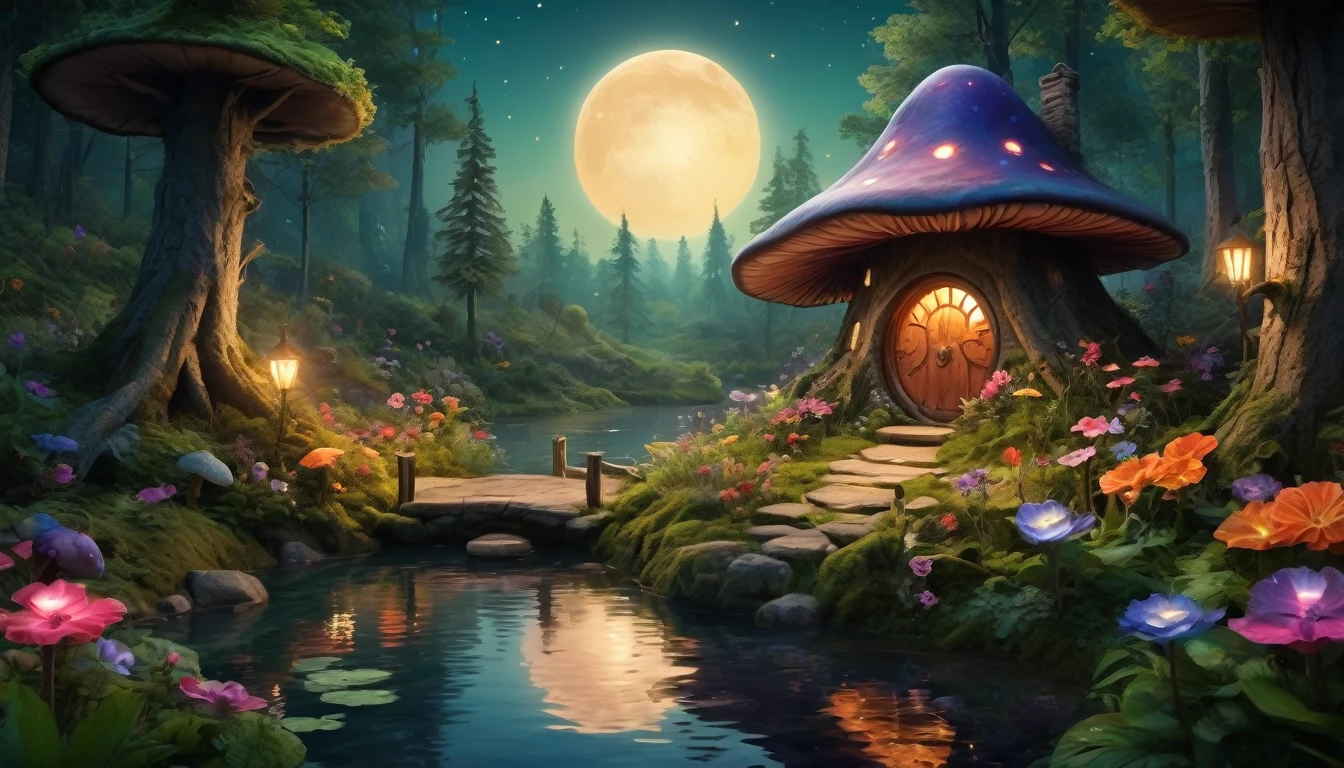 (Mysterious fantasy forest at night, Dense trees, A strange and cute little tree:1.5), A hobbit cabin, It is vividly depicted in the work (Best quality, 8K, Advanced resolution, Masterpiece: 1.2), With ultra-detailed detail, (1.4x realism, Photorealistic: 1.37). This fantasy forest is made up of dark, enchanting colors, bathed in the cool glow of the moon, creating a serene and mystical atmosphere. The house has been designed with great attention to detail, with a complex design and unique architecture, similar to a mushroom-shaped house. A small lake reflects the moonlight, adding an element of tranquility and magic to the scene. (This fantasy forest is surrounded by lush greenery and colorful flowers), Elevate a captivating and magical environment. The artwork showcases an illustrative style, inspired by children's book illustrations, ensuring a glamorous and nostalgic touch. The color palette consists of deep, vibrant hues, seven colors, evoking feelings of wonder and enchantment. Lighting accentuates the picturesque scene, soft and cool shadows are created that add depth and tranquility to the artwork. Every detail is impeccably presented, creating a visually stunning masterpiece, capturing the essence of the fantasy forest at night.