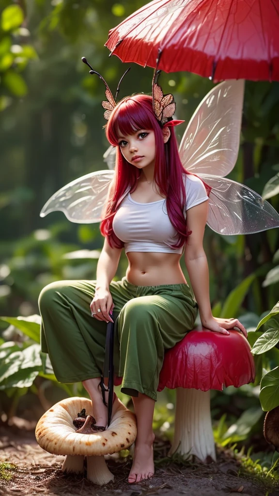 Faery with ((Insect wings)) that looks Verry Cute, sitting on Mushroom ,green under clothes, bare midriff, Holding A Big Leave as Umbrella