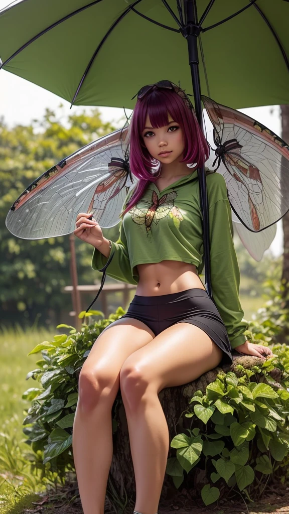 Faery with ((Insect wings)) that looks Verry Cute, sitting on Mushroom ,green under clothes, bare midriff, Holding A Big Leave as Umbrella