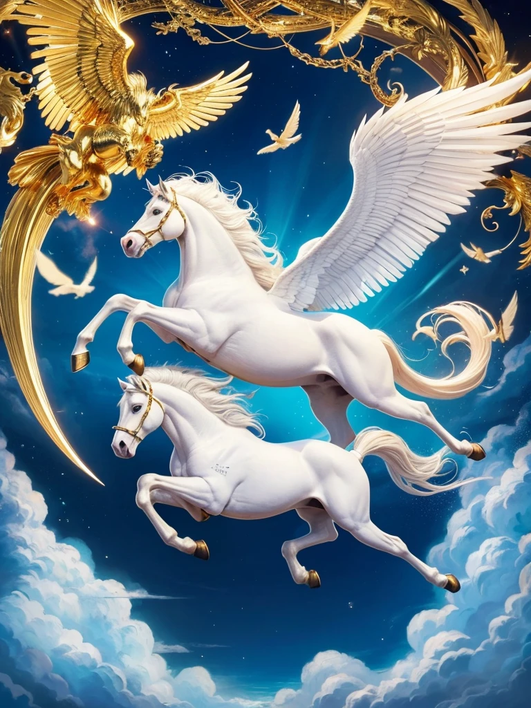 Fictional animals from Greek mythology,exterior: Winged white horse,Golden wings and brass hooves,Has a shining golden mane,Running through the sky faster than the wind,The tireless horse,Pegasus is a flying horse, Said to be a messenger of Zeus, Supreme God of the Sky, Can only be ridden with golden reins.,Pure White Pegasus,Long-winged Pegasus,The background is light blue
