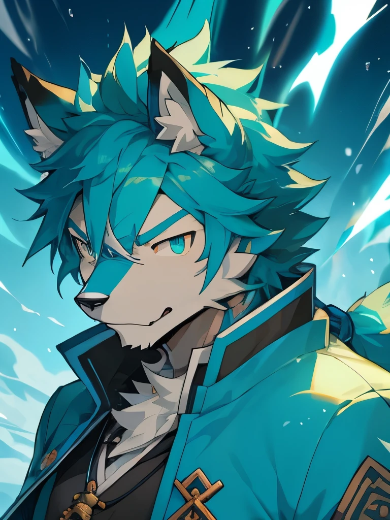 turquoise fur,turquoise eyes，Priest，Fr.，Chinese style，A cartoon image of an anthropomorphic wolf, Duelist Style, 官方Role艺术, Shiro Masamune, Guilty Gear Hard Splash Art, 原神Role, ( ( Role概念艺术 ) ), Keqing from genshin impact, kazuma kaneko, RPG portrait, Role, Role艺术, 单个Role