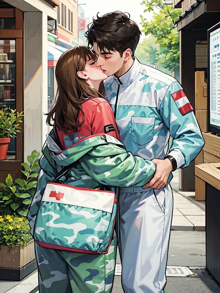 Female nurse kisses camouflage uniformed male soldier