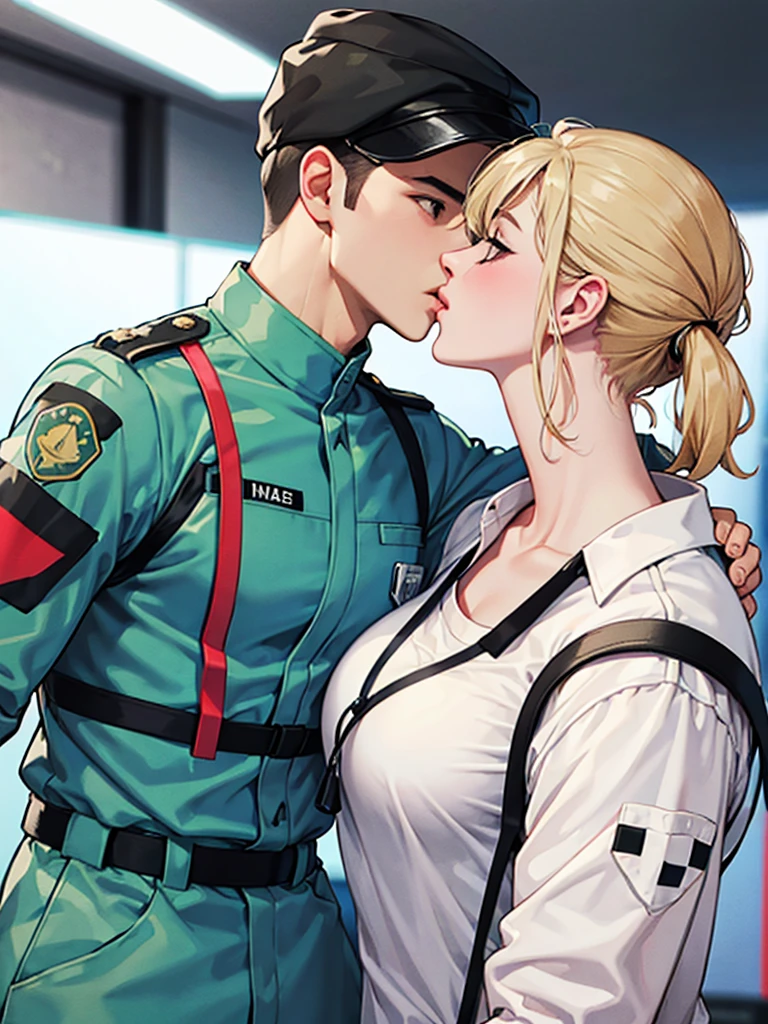 Female nurse kisses camouflage uniformed male soldier