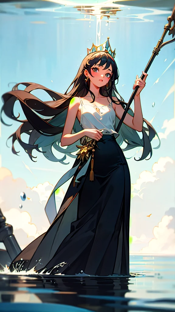 ((best quality)), ((masterpiece)), (detail), 1 girl, wearing a camisole, long skirt, wearing a crown, formal clothes like a queen. carrying a tall stick surrounded by a hook and water coming out of his right hand. cartoon animation