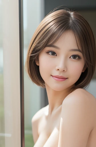 (Raw photo), (Photo realistic), (masterpiece), (Highest quality), High resolution, 8K resolution, (Exquisite detail), (Volumetric Light), ((Full body photo)), woman, Age 35, short hair, Straight Hair, Brown haired, Very white and translucent skin,Highly detailed eyes, Source Order, Very fine eyebrows, eyelash,Highly detailed skin, Highly detailed mouth, Highly detailed nose, The best beauty,Cute like an idol, Smile, ((Look at the viewers)), (((Completely naked))), Random Body Orientation,Ample breasts,valley,Slim waist,Long, slender legs,(vagina)