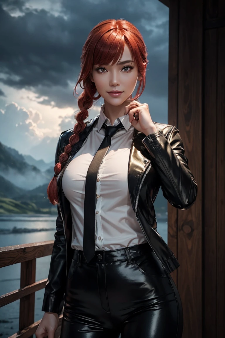 Chainsaw Man,Makima,With bangs,Red Hair,Braids at the back,Golden Eyes,White long sleeve shirt,Black tie,Black Leather Pants,Ultra HD,super high quality,masterpiece,Digital SLR,Photorealistic,Detailed details,Vivid details,Depicted in detail,A detailed face,Detailed details,Super Detail,Realistic skin texture,Anatomical basis,Perfect Anatomy,Anatomically correct hand,Anatomically correct fingers,Complex 3D rendering,Sexy pose,Rainy Sky,Beautiful scenery,Fantastic rainy sky,Picturesque,Pink Lips,smile,