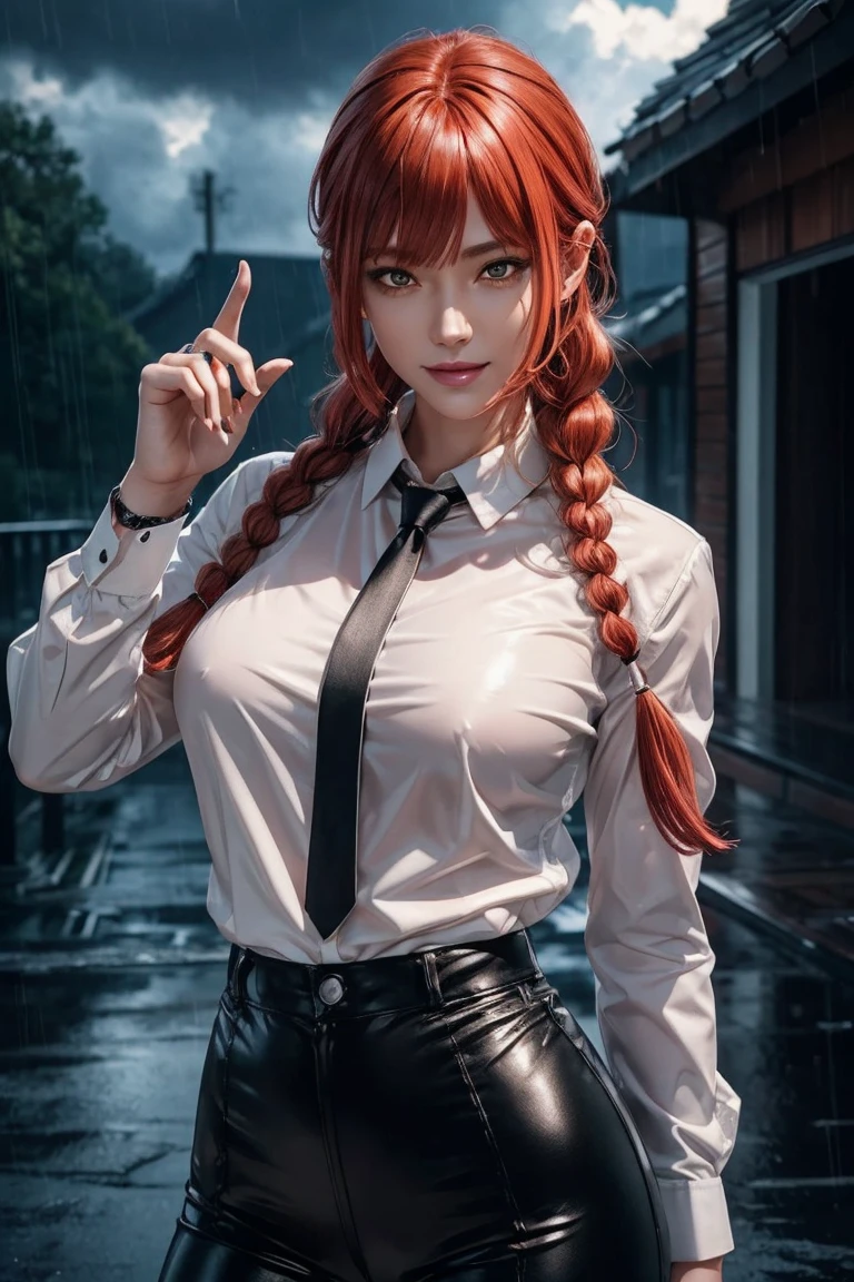 Chainsaw Man,Makima,With bangs,Red Hair,Braids at the back,Golden Eyes,White long sleeve shirt,Black tie,Black Leather Pants,Ultra HD,super high quality,masterpiece,Digital SLR,Photorealistic,Detailed details,Vivid details,Depicted in detail,A detailed face,Detailed details,Super Detail,Realistic skin texture,Anatomical basis,Perfect Anatomy,Anatomically correct hand,Anatomically correct fingers,Complex 3D rendering,Sexy pose,Rainy Sky,Beautiful scenery,Fantastic rainy sky,Picturesque,Pink Lips,smile,