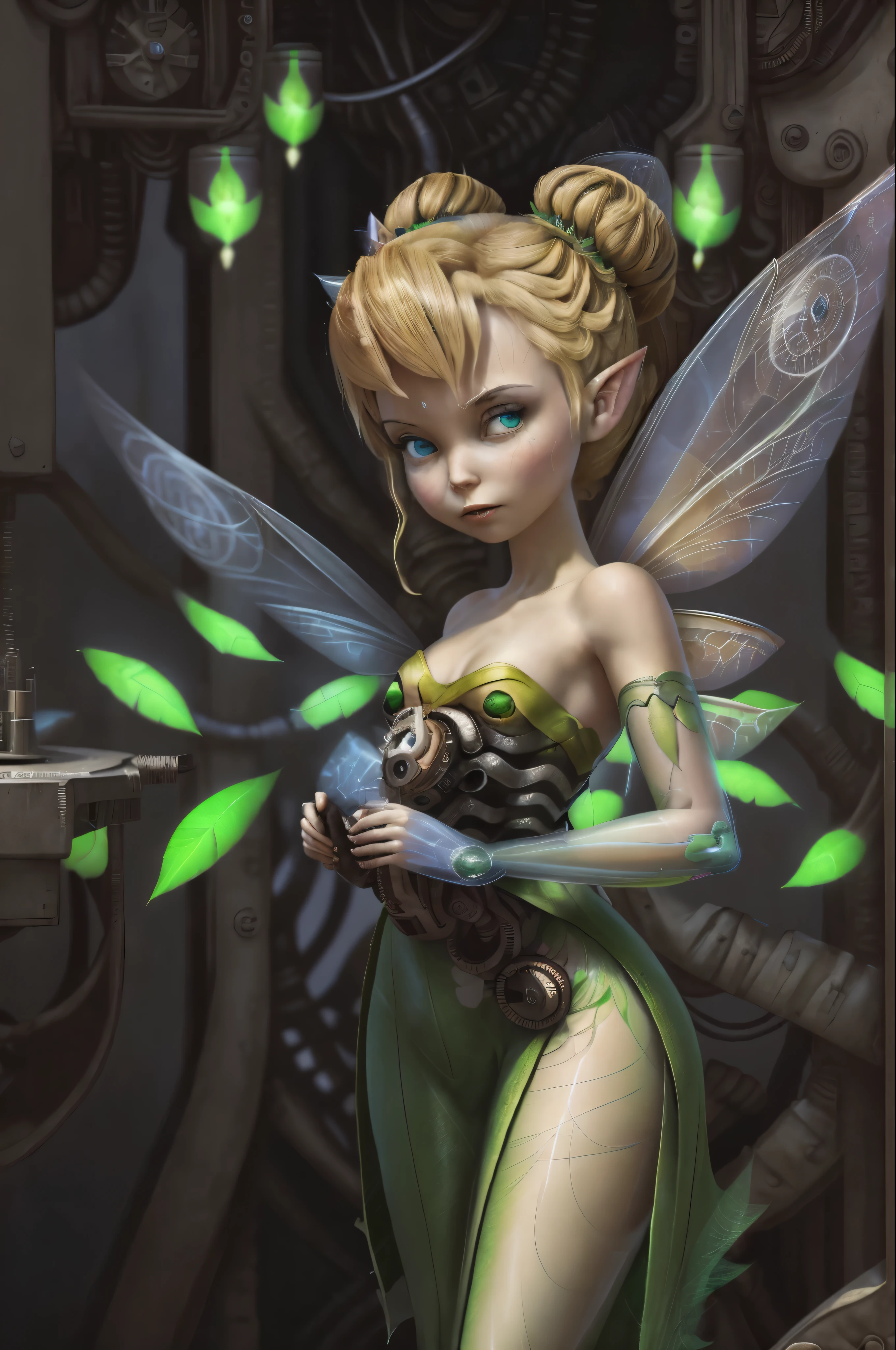 provocative, perfect ligthing, looking at viewer, cinematic lighting, cowboy shot,  TinkerBell, (TinkerBellWaifu:1.1), single hair bun, (dress), (green clothe), (transparent fairy wings:1.6), (green clothe), ((clothes made from leaves)), pointy ears, blue eyes, blush, shrunken, inside clock, mechanical clock, gears in the background, (tinkering:1.5), pixiedust,