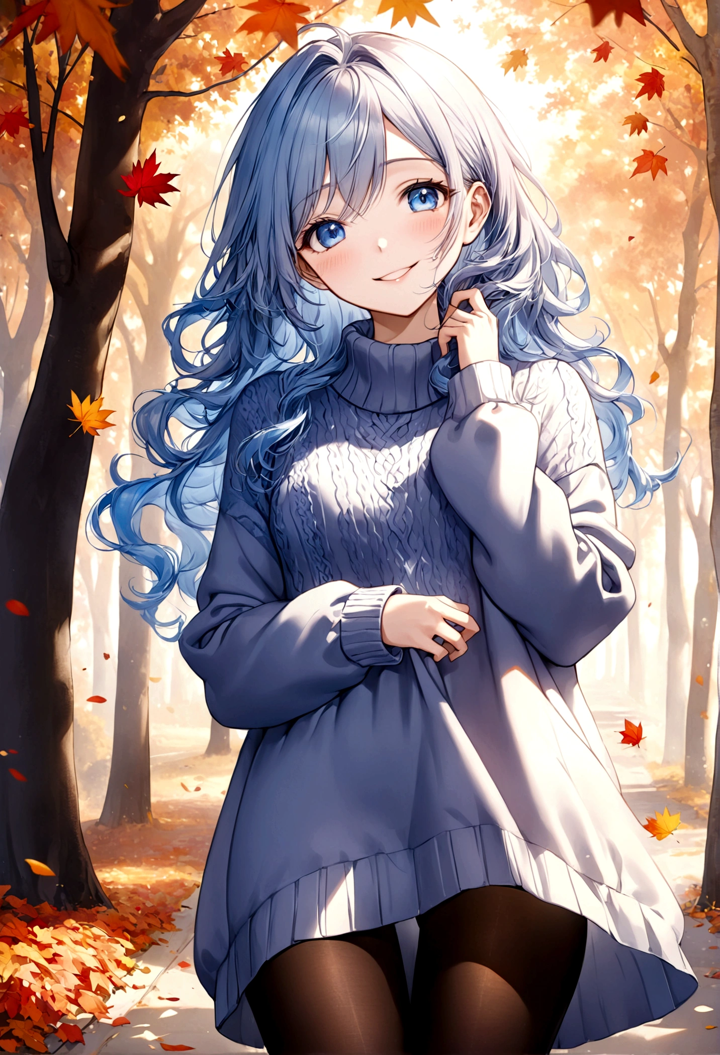 ((top-quality)), ((masterpiece)), ((ultra-detailliert)), (extremely delicate and beautiful), beautiful woman, bright light blue hair, long wavy hair, sapphire blue eyes, cozy sweater dress, sheer black pantyhose, sweet smile, relaxed expression, fair complexion, autumn background