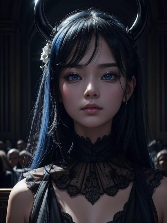 {{{Watching the audience}}}、Frontal face,Black and blue tones、hell、purgatory、Mozart's Requiem、Mysterious、Horror、Gothic、darkness、Caro、Hunger、Contagious diseases、ruler、Pitch black darkness、despair、Lament、oppression、none、Extreme cold、Black Ghost、Adult woman in her 40s、Queen of the Dead、Persephone、Lilith、Hades、sense of awe、immortal、strict、sense of aweを抱かせるホール々、I am proud、Noble、dignity、Solemn、Fascinating、Chaste and lewd cohabitation、hatred、Obsession、gem、Ruthless、greedy、3-point live method、oil、Highest quality、High resolution、Sharp focus、The perfect angle、Perfect composition、From the side、Portrait of Queen D,Highly detailed footage of the Queen of the Dead,A stunning portrait of the Queen of Experts,Portrait of the Queen of the Dead,Full body close-up of the Queen of the Dead、