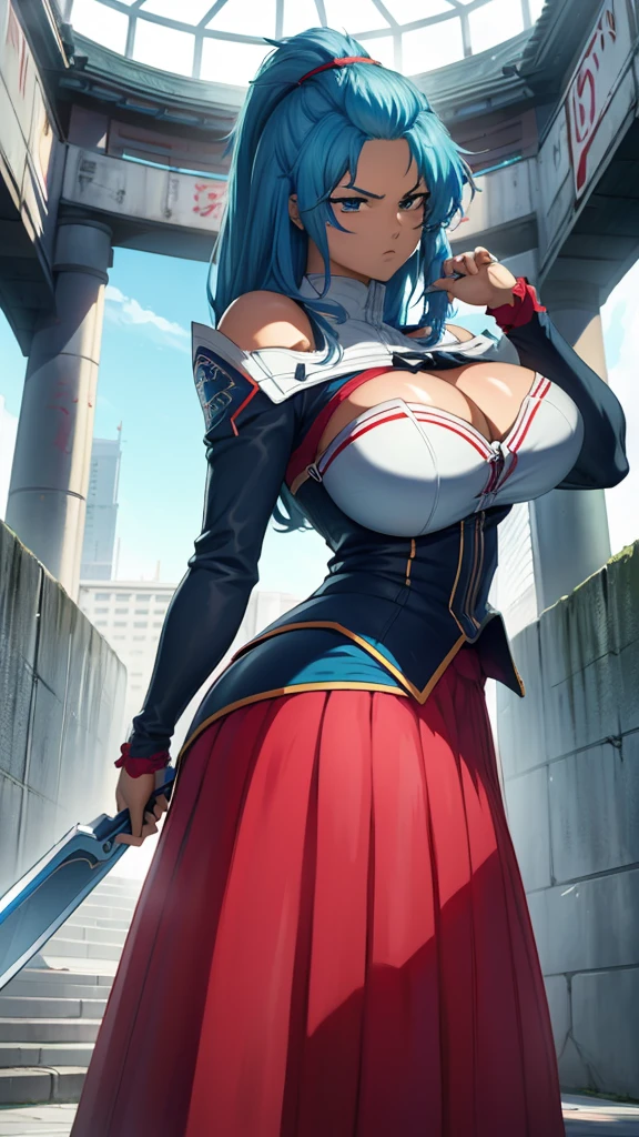 Highly detailed, a 22 yo's woman, Bangs pinned back hairstyle, vivid-cerulean BLUE hair, Carmine red eyes, busty, big And round buson, gorgeous plump body, face scar, cyan sattela's clothes, cyan sattela's Long skirt, Holding a weapon, action position, angry face