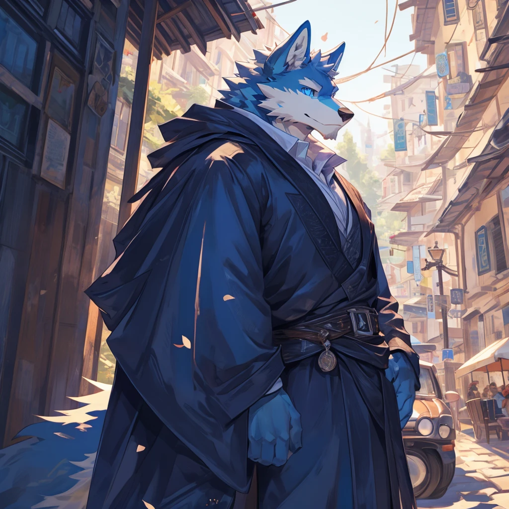 Masterpiece, Solo, Furry Light Blue Wolf, Light Blue Fur,Dark Blue Eyes, Dragon Horns,huge body, Muscular Body, Cool Pose, Charming, Handsome, Good Looking, Casual Outfit