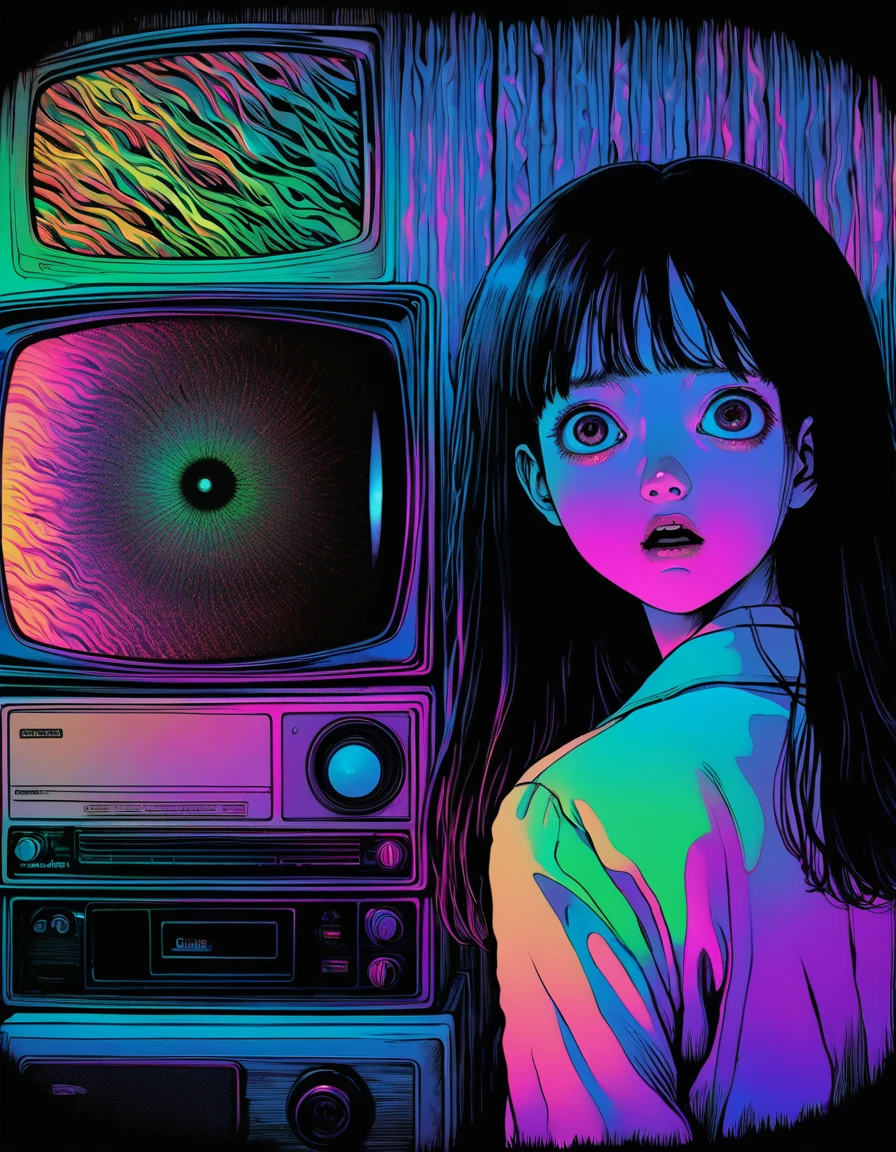 to illustrate、artistry、directed by Junji Ito、Anxietyの立像、nightmarish、Anxiety、double image、high détail, realistic shadow、analog style, vhs style, Film 8mm, Chromatic aberration, DVD Screenshot、Complementary color gradient、Surrealism