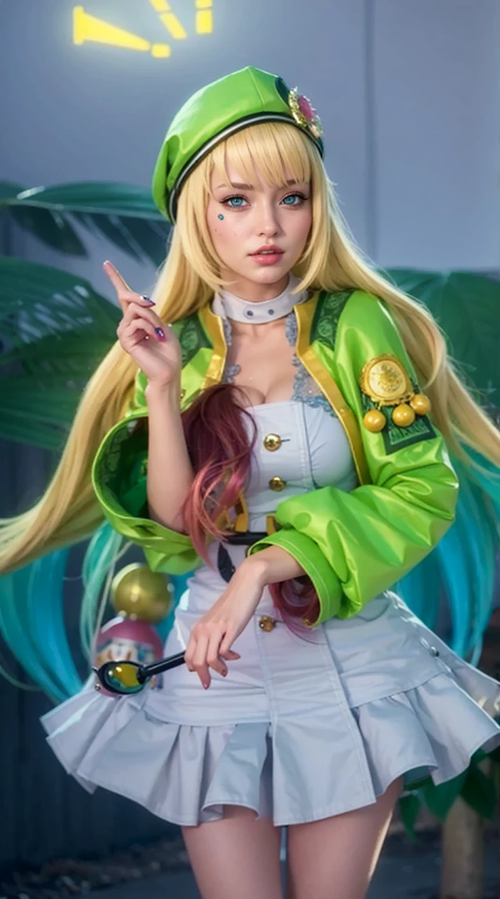 best quality, ultra high res, (photorealistic:1.4), (detailed beautiful girl:1.4), (medium breasts:0.8), looking_at_viewer, Detailed facial details, beautiful detailed eyes,pink hair, blue eyes, slender, haunting smile, (makeup:0.3), red lips, highly detailed clothes, (ulzzang-6500-v1.1:0.3)
