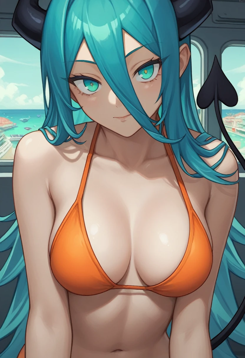 score_9, score_8_up, score_7_up,1 daemon woman, black demon horns, black demon tail, (aquamarine hair),aquamarine green color hair,ahoge, long hair, (long hair),bangs, light orange bikini, bikini is orange, bikini orange, orange bikini!, (aquamarine eyes), background is spaceship, aquamarine eyes, 1woman ,facing viewer, daemon girl, close up,Well-endowed, alone, Spacecraft interior