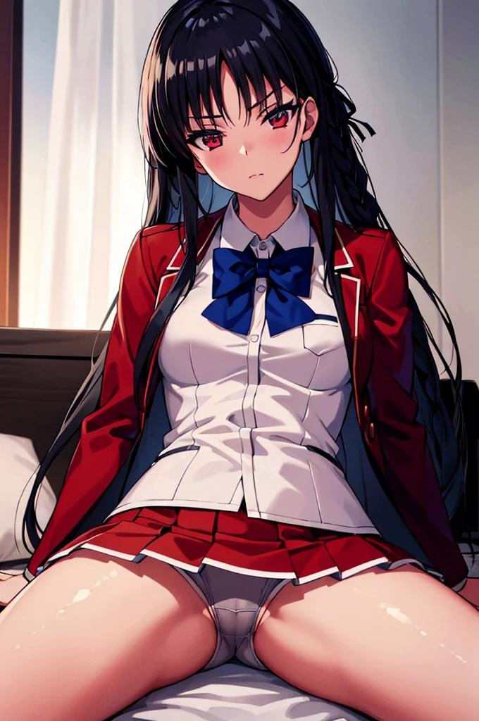 ((masterpiece)), absurdres, high resolution, ((best illustration)), ((super fine illustration)), official art, anime keyvisual, perfect anatomy, 8k, 8k portrait,
1girl,
Suzune Horikita,
Suzune Horikita \(youjitsu\),
long hair, braid,
black hair,
(red eyes:1.2), slant eyes, small eyes,
blue bow,
medium breasts,
uniform, red jacket, white skirt, pleated skirt, black thigh-high socks,
looking at viewer,
cowboy shot,
perfect light, background of indoor, lie on the bed, nsfw, spread legs, skirt lift,