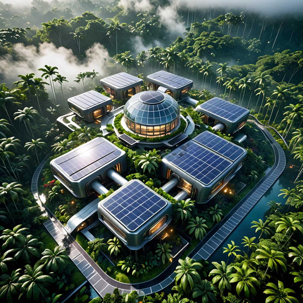 aerial view, a futuristic research complex in a bright foggy jungle, hard lighting, ultra-detailed, highly realistic, 8k, photorealistic, cinematic lighting, volumetric fog, dynamic composition, advanced architectural design, advanced technology, clean lines, metallic accents, glass panels, solar panels, lush tropical foliage, colorful flora, mysterious atmosphere, dramatic chiaroscuro