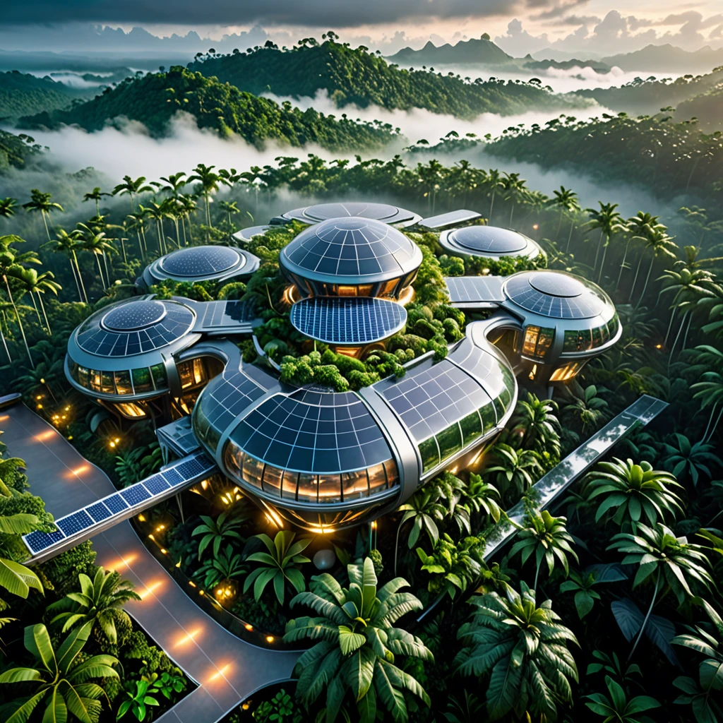 aerial view, a futuristic research complex in a bright foggy jungle, hard lighting, ultra-detailed, highly realistic, 8k, photorealistic, cinematic lighting, volumetric fog, dynamic composition, advanced architectural design, advanced technology, clean lines, metallic accents, glass panels, solar panels, lush tropical foliage, colorful flora, mysterious atmosphere, dramatic chiaroscuro