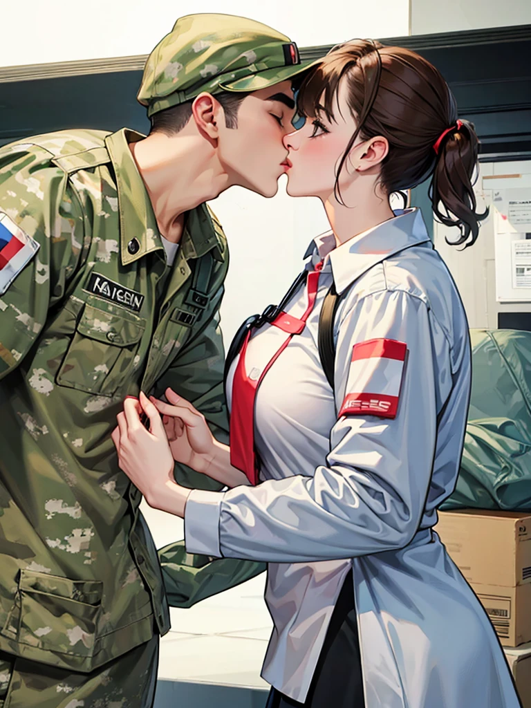 Female nurse kisses camouflage uniformed male soldier