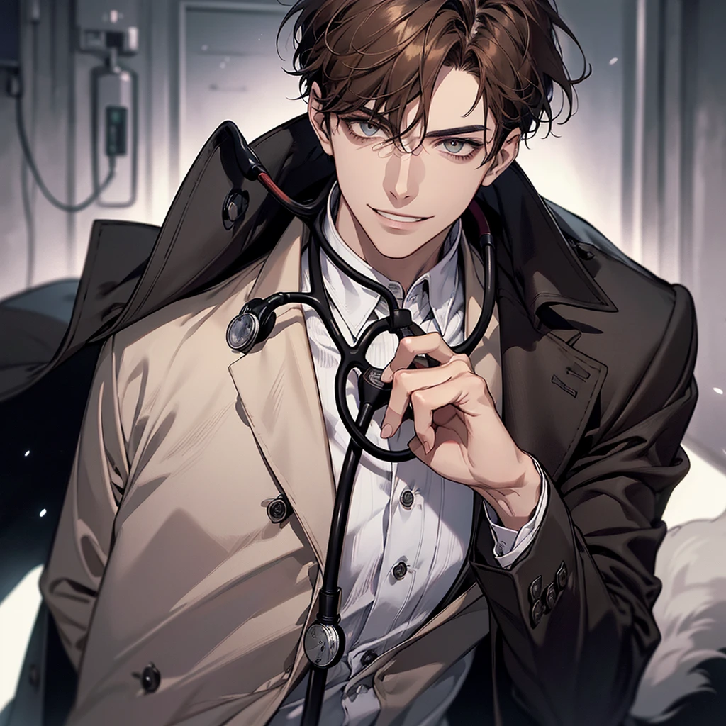 1 boy,Handsome face, Perfect Male Body,Looking at the camera, Psychiatric doctor with blood on his face, (Wicked Smile,doctor, Black coat, notebook in hand,Stethoscope)ward,Dim Light,Dark Room,masterpiece,Half Body, Portraiture,Ray Tracing, Look at the details, Fine grain, The eyes are detailed,Brown Hair,Wolf Cut