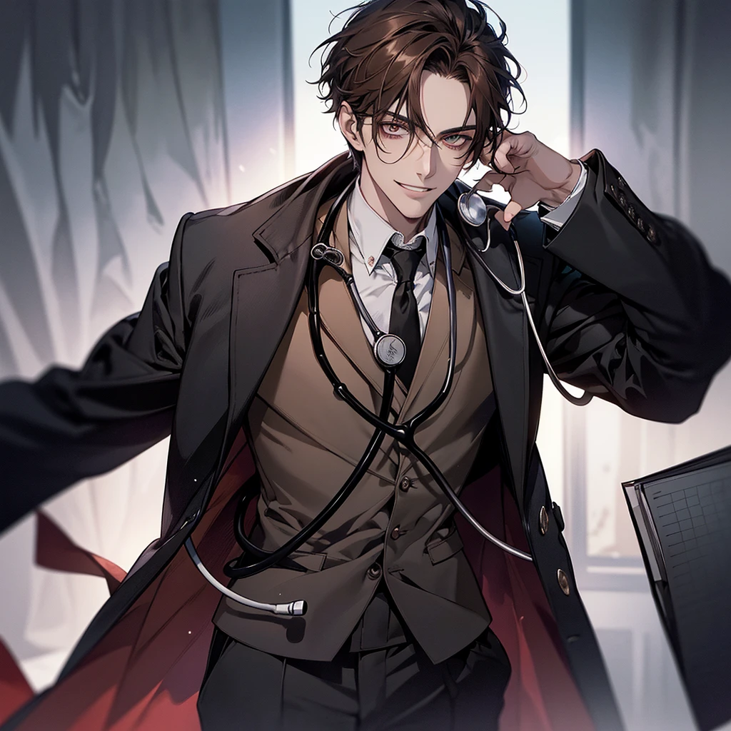 1 boy,Handsome face, Perfect Male Body,Looking at the camera, Psychiatric doctor with blood on his face, (Wicked Smile,doctor, Black coat, notebook in hand,Stethoscope)ward,Dim Light,Dark Room,masterpiece,Half Body, Portraiture,Ray Tracing, Look at the details, Fine grain, The eyes are detailed,Brown Hair,Wolf Cut