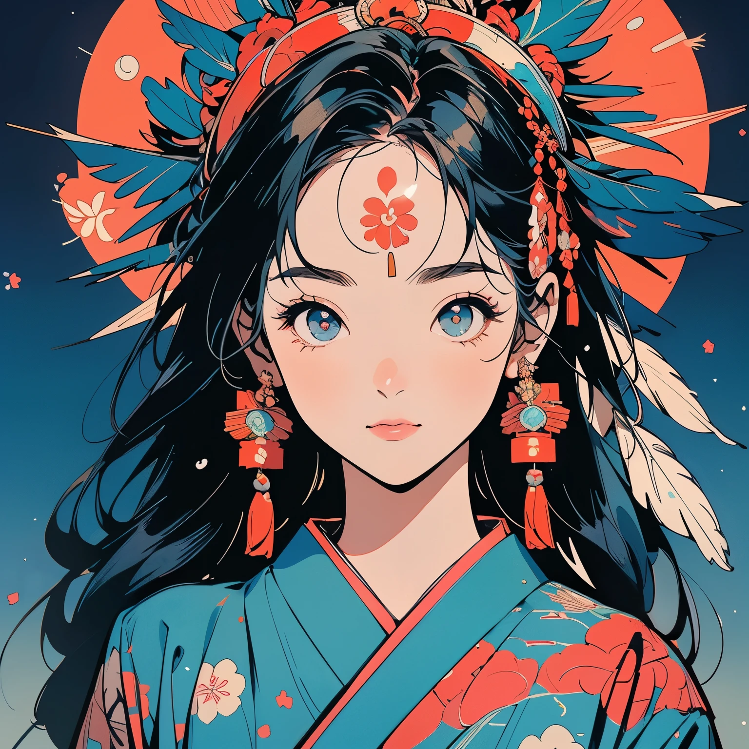kimono, 完璧なkimono, 詳細なkimono, first-class, Super detailed, torii, Night view, forest, lake, (((Super detailedな装飾))),One Woman, Perfect Face, Japan, Lantern, Faint lighting, mysterious, (((Cowboy Shot))), Super detailedな髪、((( Sparkling Eyes))),mysterious, Brightly colored obi, The wind is blowing, Apparition, Japanese style, Candle, Panorama, Long Shot, Colorful backgrounds, (((Apparitionの美女))),(((Japanese Pattern))), (((Sharp Eye))),(((Indian-style feather headdress on head))),Upper Body,(((Complex eye pattern))),(((goddess)))