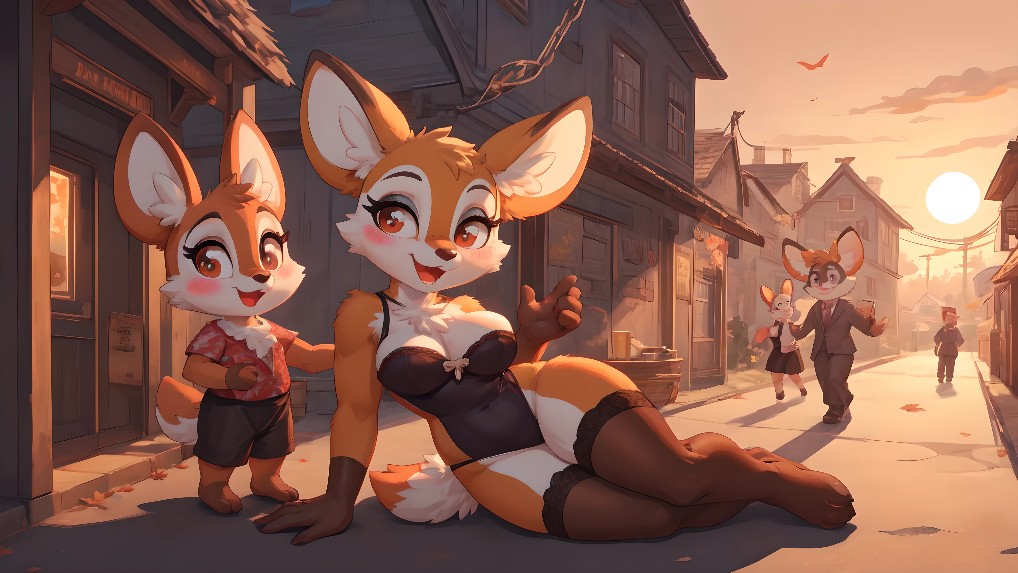 Tsunoda , long gloves, stockings, leotard, one leg up , hands on breasts ,  seductive, blush, open mouth, horny, on the side of the road, hooker, sunset, village on the background 