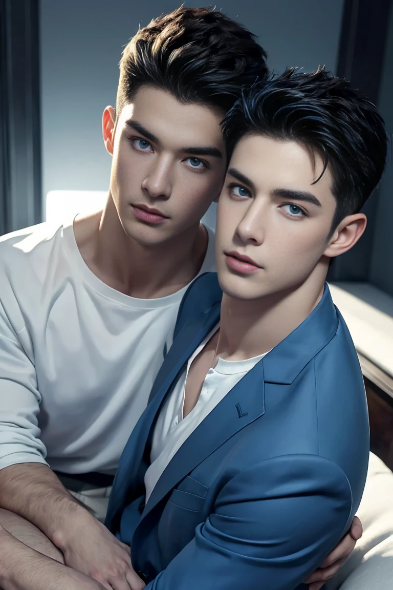 Ultra wide angle,((masterpiece)),((best quality)),8K,High Detail,Very detailed, (2 handsome muscular boys),Very manly,blue eyes,Stylish short hair,Vivid male image, Fashion pose, masculine expression,Real skin texture, Perfect hand details,Light,
Royal blue style couple,White male model photos