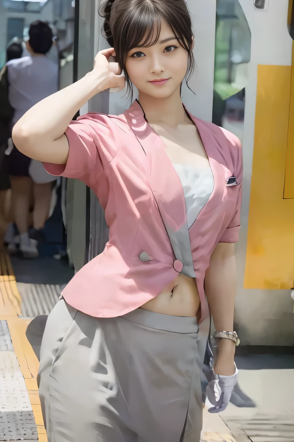 Showing your belly button、(masterpiece:1.2, Highest quality:1.2), 32k HDR, High resolution, (alone、1 girl)、 (Height: 160cm)、(On the rooftop of a building in the daytime、Professional Lighting)、Building rooftop background、(Nankai train crew uniform pinkを着たリアルスタイル)、(Nankai train crew uniform pink short sleeve collarless pink jacket、Nankai Train Crew Uniform Pink Collarless Short Sleeve Blouse、Nankai Train Crew Uniform Pink Grey Knee-length Culottes)、(The pink jacket is showing from the culottes.)、Dark brown hair、(Hair tied up、Hair tied up、Evening curly hairstyle)、Dark brown hair、Long Shot、Big Breasts、Thin legs、((Great hands:2.0)),((Harmonious body proportions:1.5)),((Normal limbs:2.0)),((Normal finger:2.0)),((Delicate eyes:2.0)),((Normal eyes:2.0)))、smile、(Nankai Train Crew Uniform Pink Grey Knee-length Culottesを見せた美しい歩く姿)、Place your hands around your stomach、Lanyard employee ID card