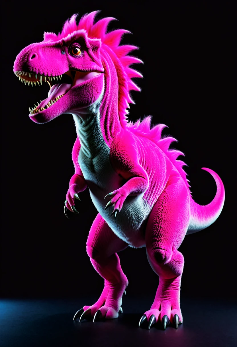 Highest quality、masterpiece、darkness、Black Background、Surreal Posters、Pink furry dinosaur、Very realistic T.Rex、Pink glowing hair、Bright eyes、Light pink dinosaur、Object of fear、Leaning forward